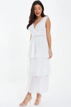 White Chiffon Lace Tiered Midi Dress -Women Clothing Sale 00100037177 XS