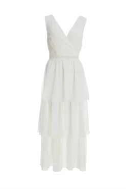 White Chiffon Lace Tiered Midi Dress