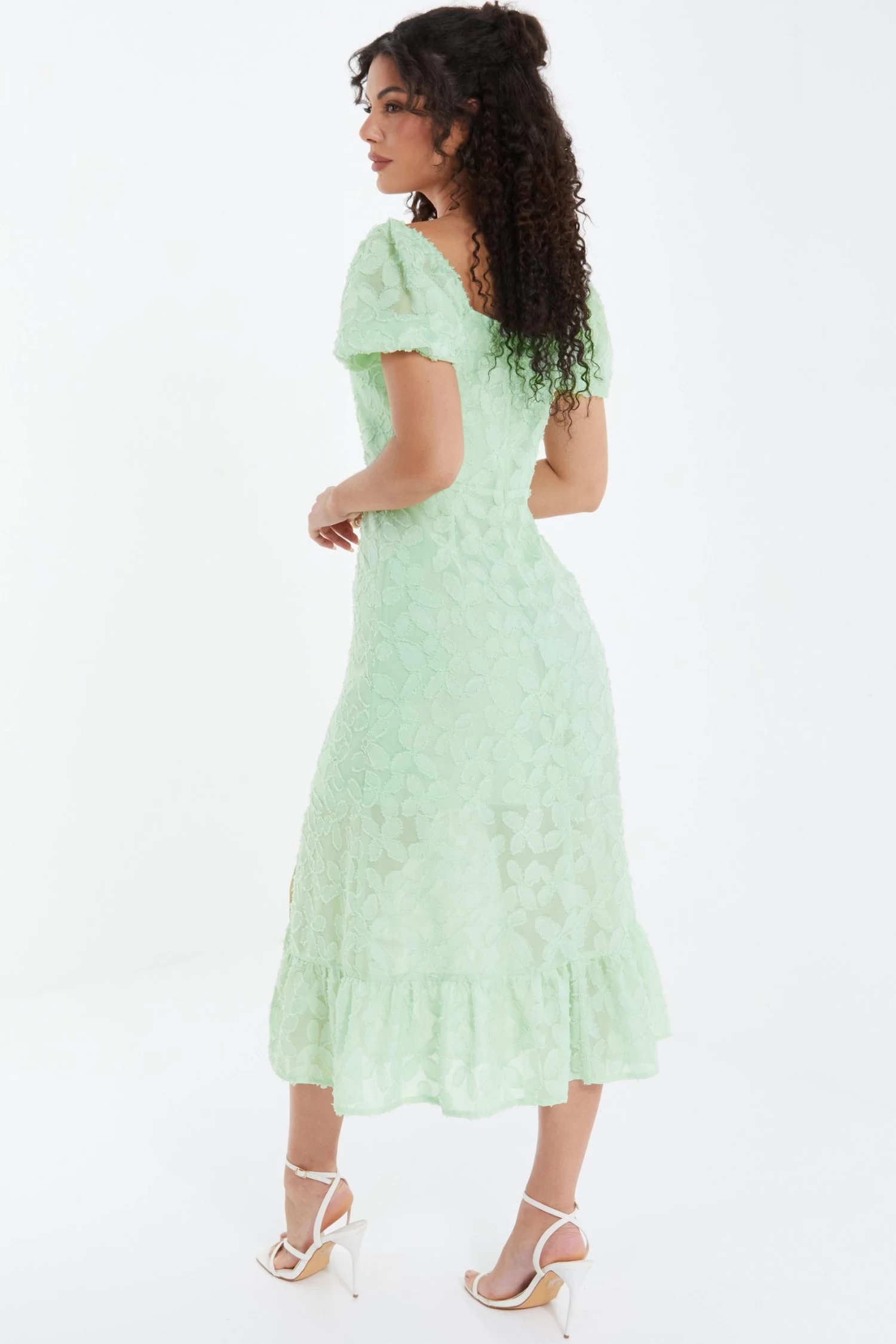 Sage Jacquard Puff Sleeve Midi Dress 3 Sage Jacquard Puff Sleeve Midi Dress - Image 3