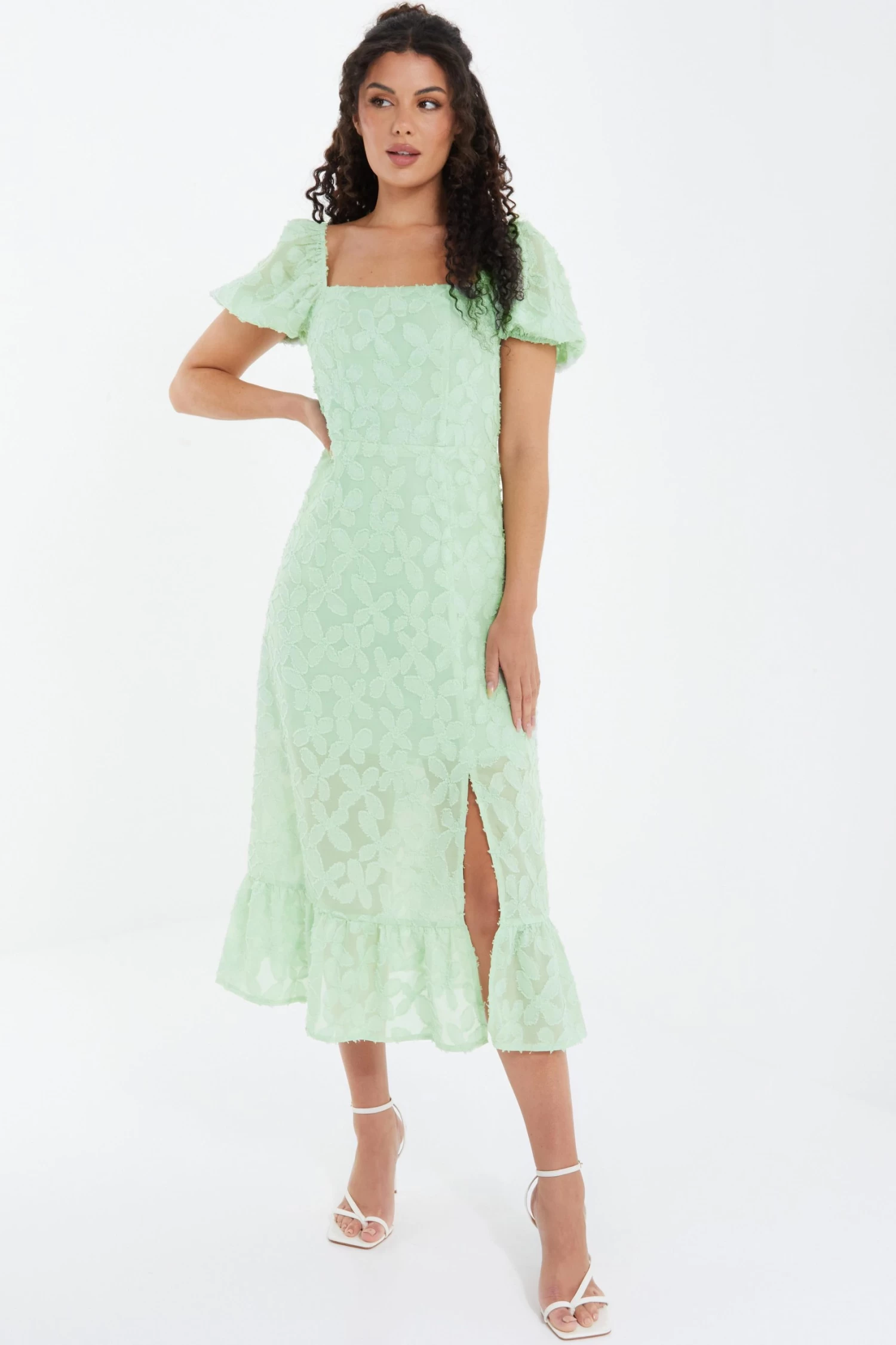 Sage Jacquard Puff Sleeve Midi Dress 2 Sage Jacquard Puff Sleeve Midi Dress - Image 2