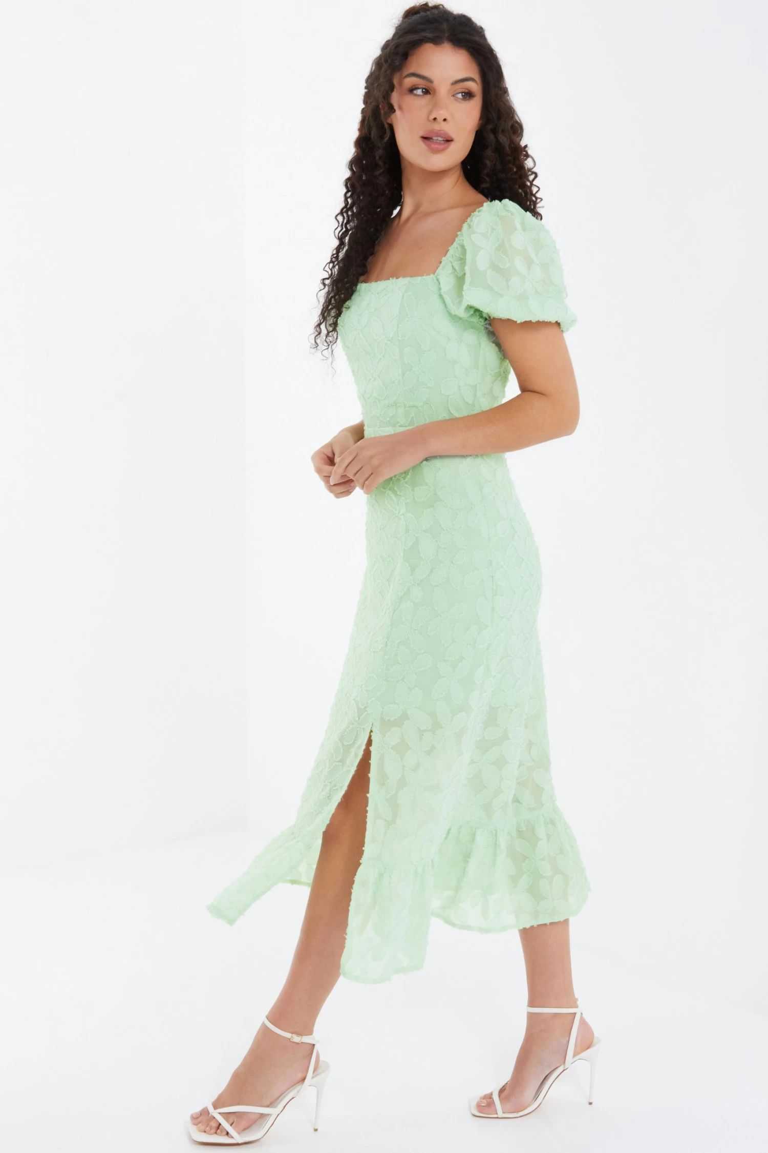 Sage Jacquard Puff Sleeve Midi Dress 4 Sage Jacquard Puff Sleeve Midi Dress - Image 4