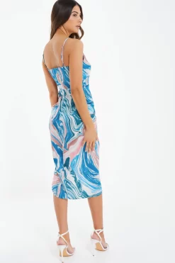 Petite Blue Satin Marble Print Ruched Midi Dress -Women Clothing Sale 00100037194 XB scaled