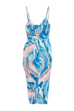 Petite Blue Satin Marble Print Ruched Midi Dress -Women Clothing Sale 00100037194 ZB scaled