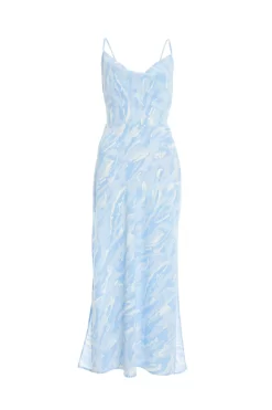 Light Blue Brush Stroke Tie Back Split Midi Dress