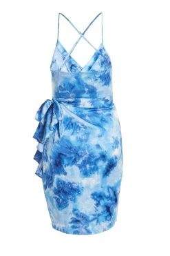 Blue Satin Marble Print Wrap Mini Dress -Women Clothing Sale 00100037206 ZB