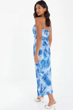 Blue Satin Marble Print Ruched Split Midi Dress 8 Blue Satin Marble Print Ruched Split Midi Dress -Women Clothing Sale 00100037207 XB scaled