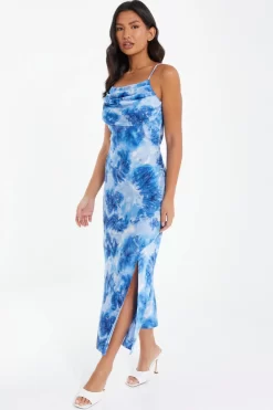 Blue Satin Marble Print Ruched Split Midi Dress 9 Blue Satin Marble Print Ruched Split Midi Dress -Women Clothing Sale 00100037207 XS scaled