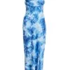 Blue Satin Marble Print Ruched Split Midi Dress