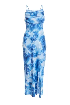 Blue Satin Marble Print Ruched Split Midi Dress