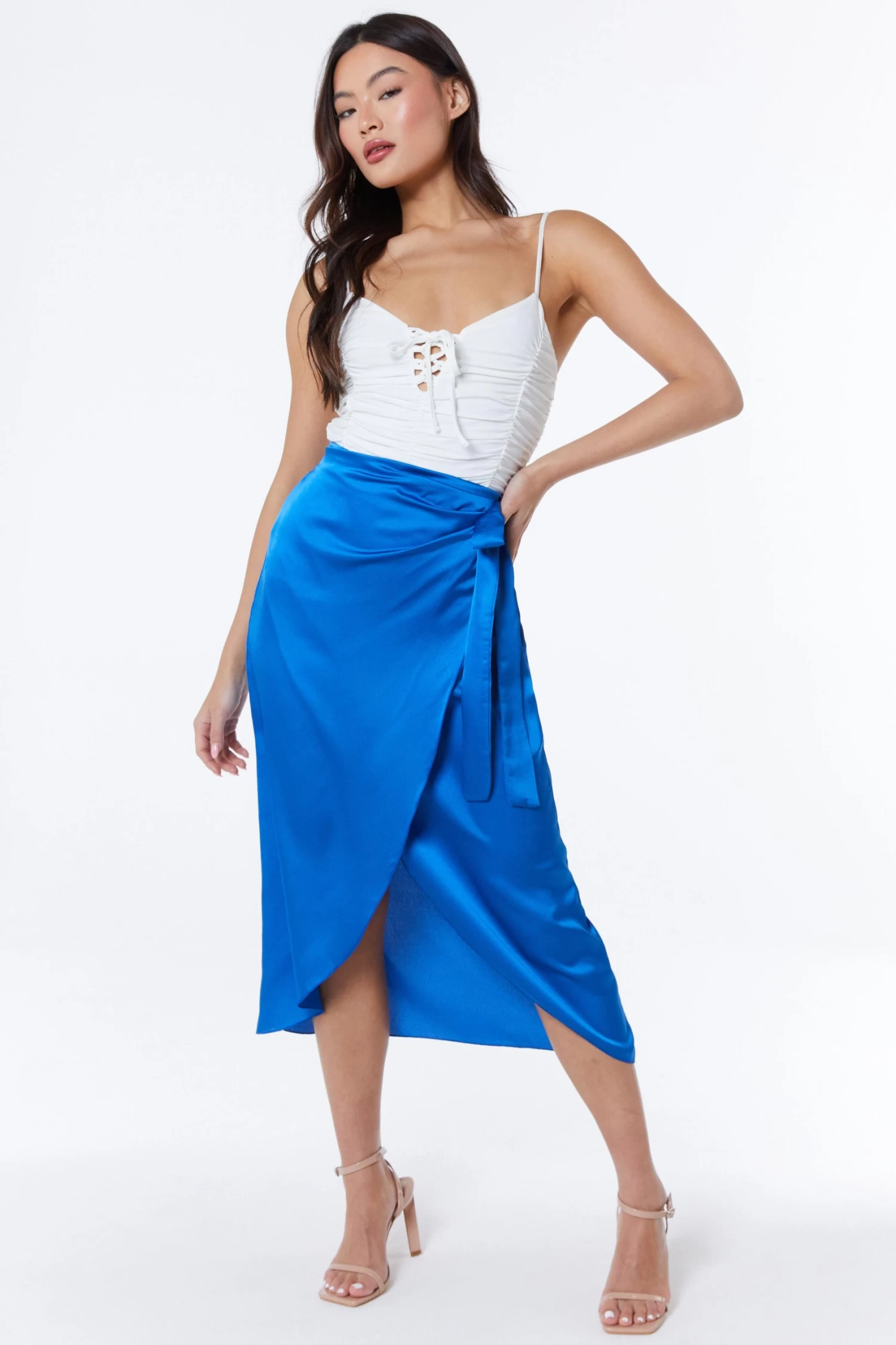 Royal Blue Satin Wrap Midi Skirt 2 Royal Blue Satin Wrap Midi Skirt - Image 2