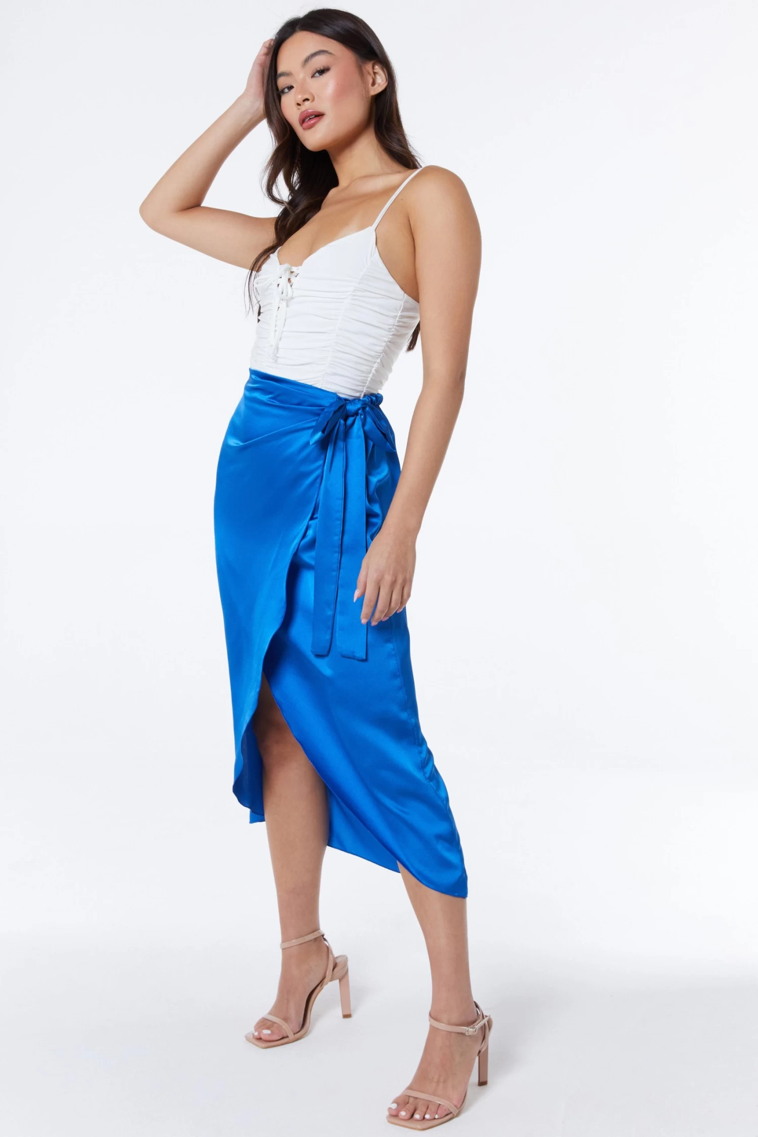 Royal Blue Satin Wrap Midi Skirt 4 Royal Blue Satin Wrap Midi Skirt - Image 4