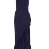 Navy Slinky Chain Wrap Midi Dress