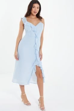 Light Blue Textured Frill Midi Dress 9 Light Blue Textured Frill Midi Dress -Women Clothing Sale 00100037308 XS