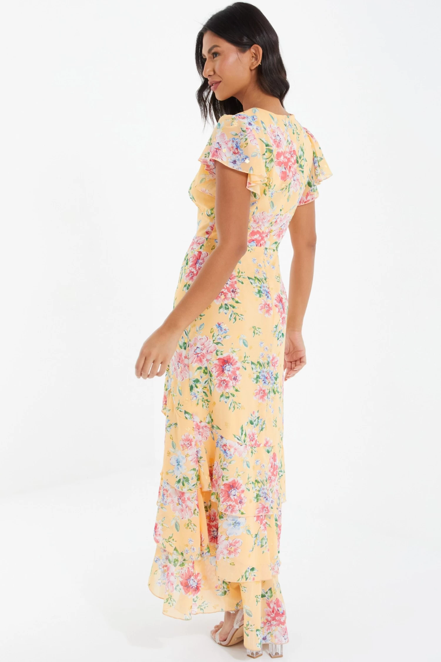 Yellow Chiffon Floral Frill Maxi Dress 3 Yellow Chiffon Floral Frill Maxi Dress - Image 3