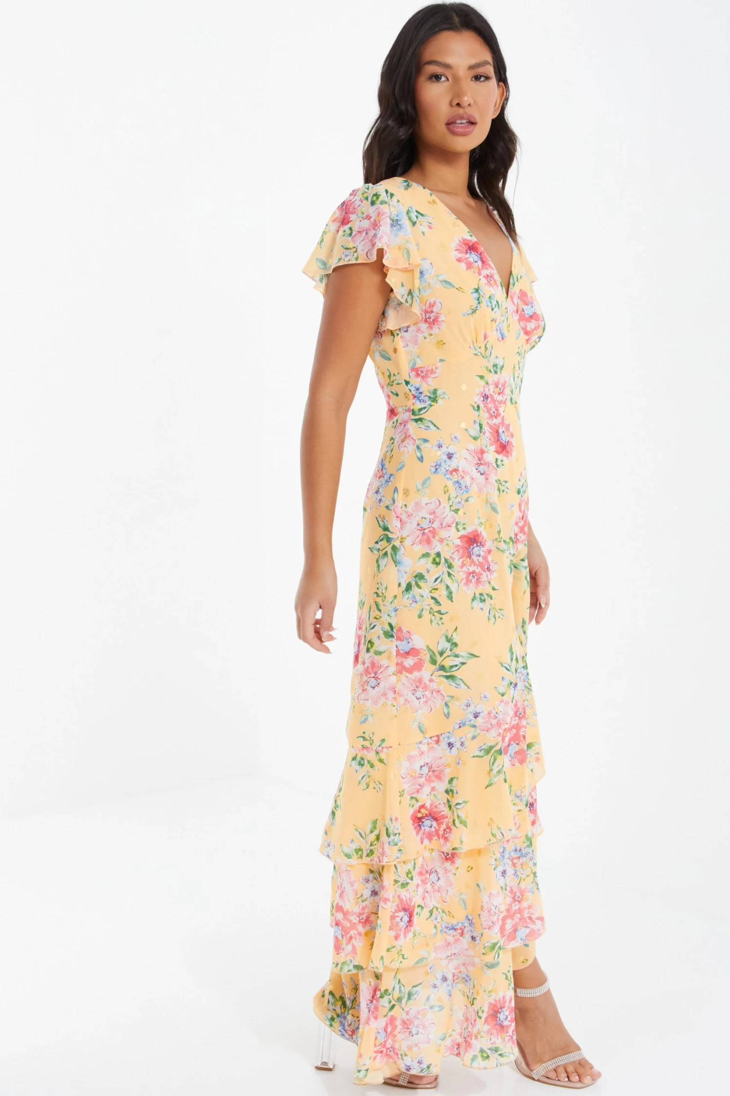Yellow Chiffon Floral Frill Maxi Dress 4 Yellow Chiffon Floral Frill Maxi Dress - Image 4