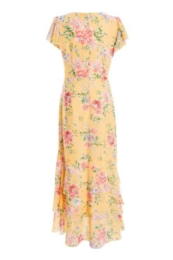 Yellow Chiffon Floral Frill Maxi Dress 10 Yellow Chiffon Floral Frill Maxi Dress -Women Clothing Sale 00100037310 ZB