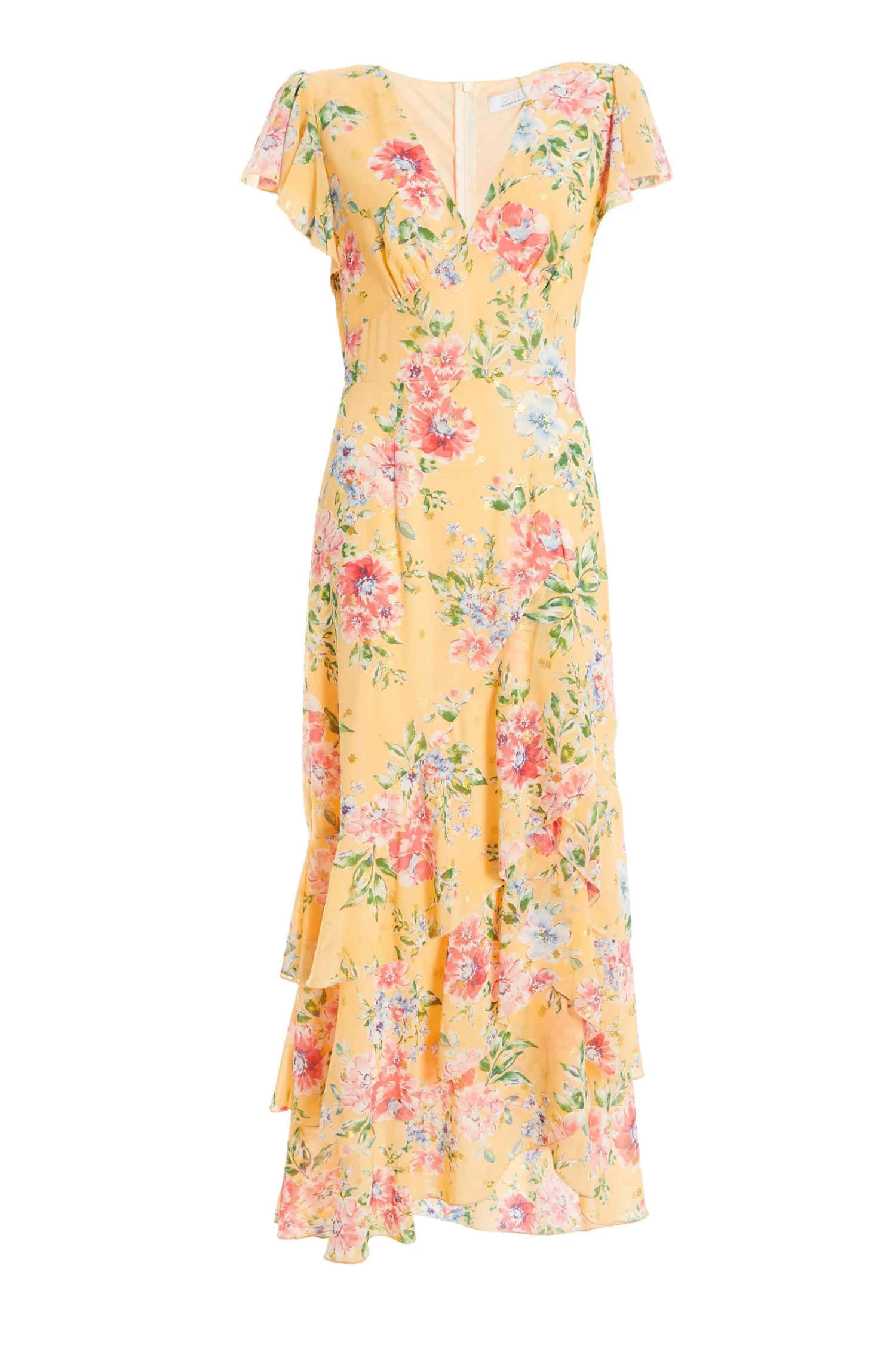 Yellow Chiffon Floral Frill Maxi Dress 1 Yellow Chiffon Floral Frill Maxi Dress