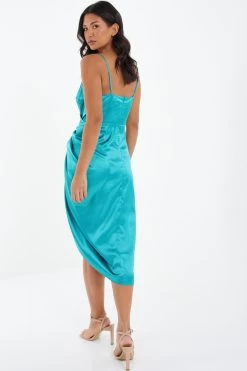 Aqua Wrap Ruched Midi Dress -Women Clothing Sale 00100037312 XB
