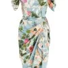 Blue Satin Floral Ruched Midi Dress