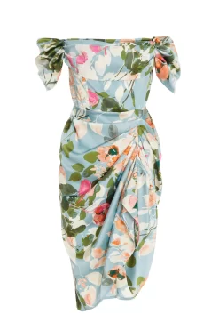 Blue Satin Floral Ruched Midi Dress