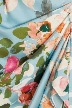 Blue Satin Floral Ruched Midi Dress -Women Clothing Sale 00100037316 ZS