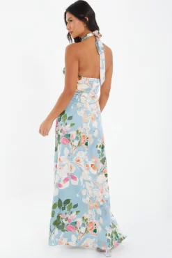 Blue Satin Floral High Neck Maxi Dress 8 Blue Satin Floral High Neck Maxi Dress -Women Clothing Sale 00100037317 XB scaled