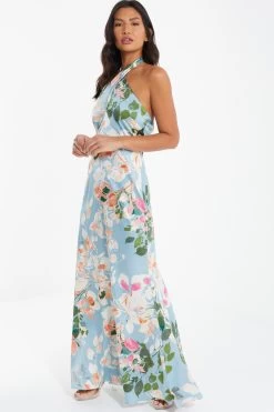 Blue Satin Floral High Neck Maxi Dress -Women Clothing Sale 00100037317 XS