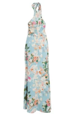 Blue Satin Floral High Neck Maxi Dress -Women Clothing Sale 00100037317 ZB