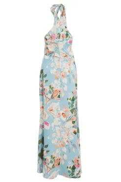 Blue Satin Floral High Neck Maxi Dress 10 Blue Satin Floral High Neck Maxi Dress -Women Clothing Sale 00100037317 ZB scaled