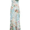 Blue Satin Floral High Neck Maxi Dress