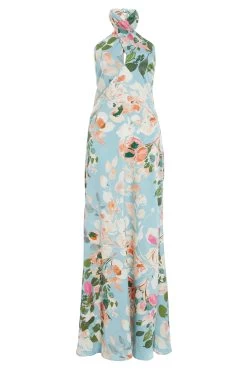Blue Satin Floral High Neck Maxi Dress