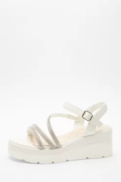 White Faux Leather Diamante Wedges