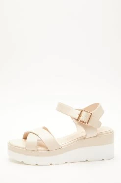 Nude Faux Leather Cross Strap Wedges