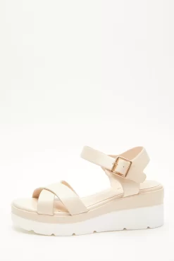Nude Faux Leather Cross Strap Wedges