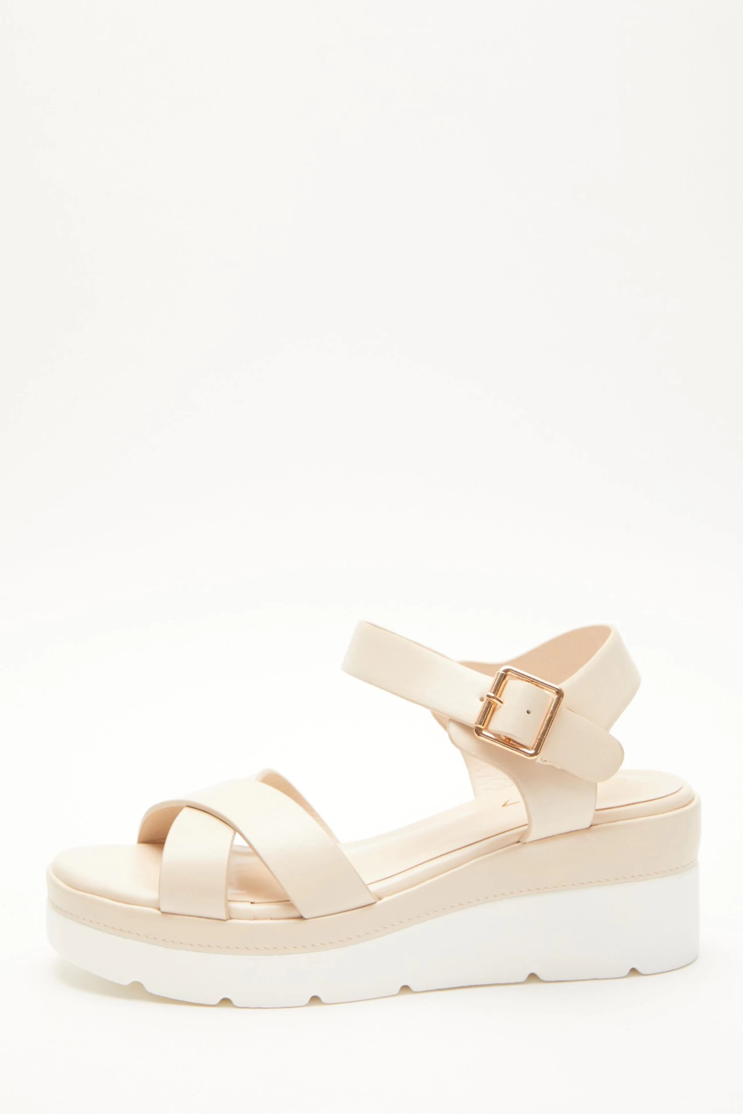 Nude Faux Leather Cross Strap Wedges 1 Nude Faux Leather Cross Strap Wedges