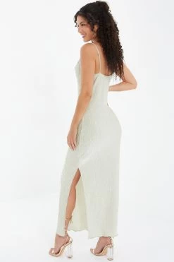 Champagne Plisse Split Maxi Dress -Women Clothing Sale 00100037348 XB