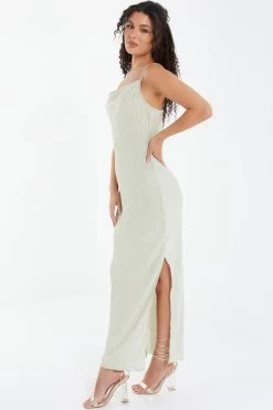 Champagne Plisse Split Maxi Dress -Women Clothing Sale 00100037348 XS