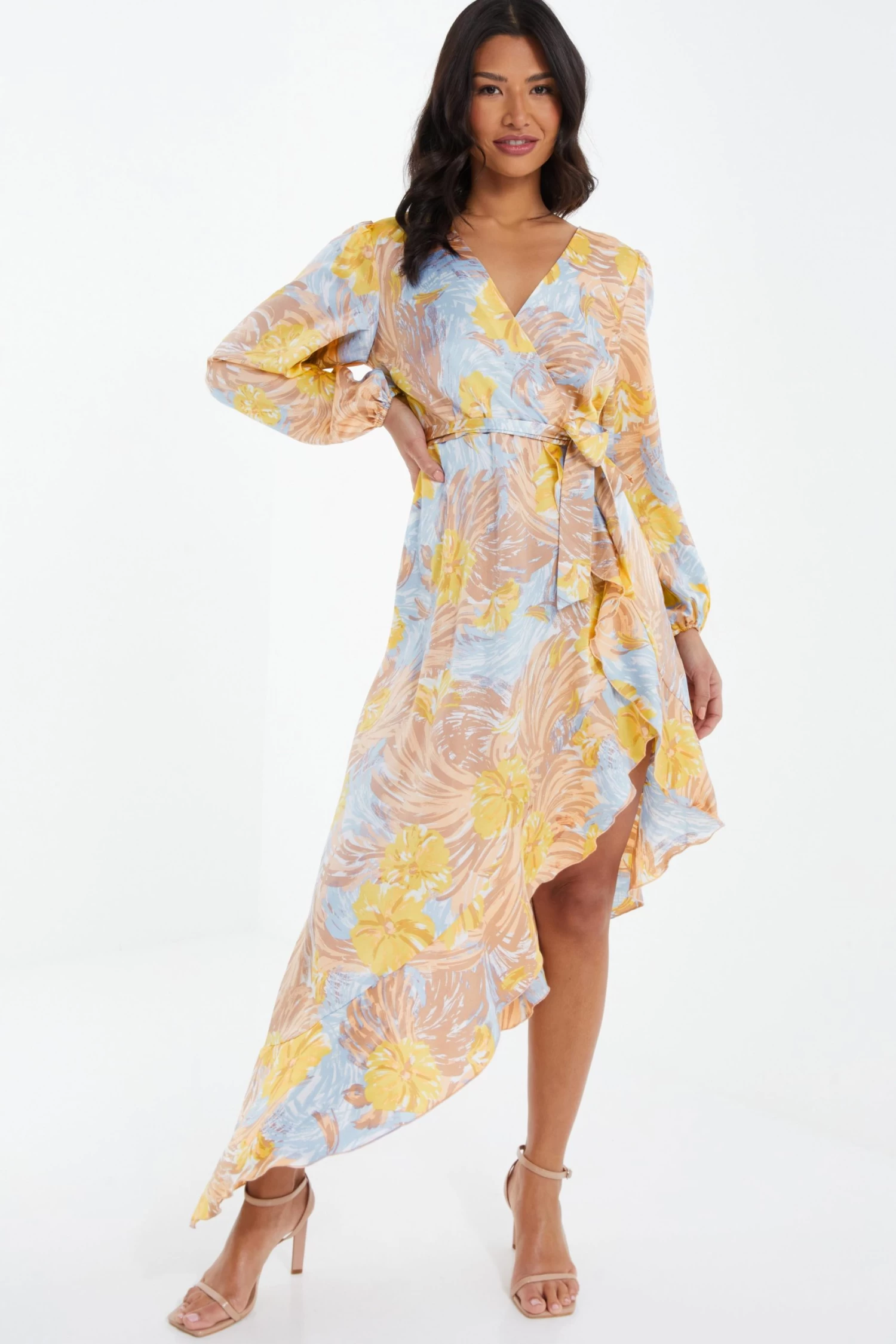 Multicoloured Satin Floral Asymmetric Midi Dress 2 Multicoloured Satin Floral Asymmetric Midi Dress - Image 2