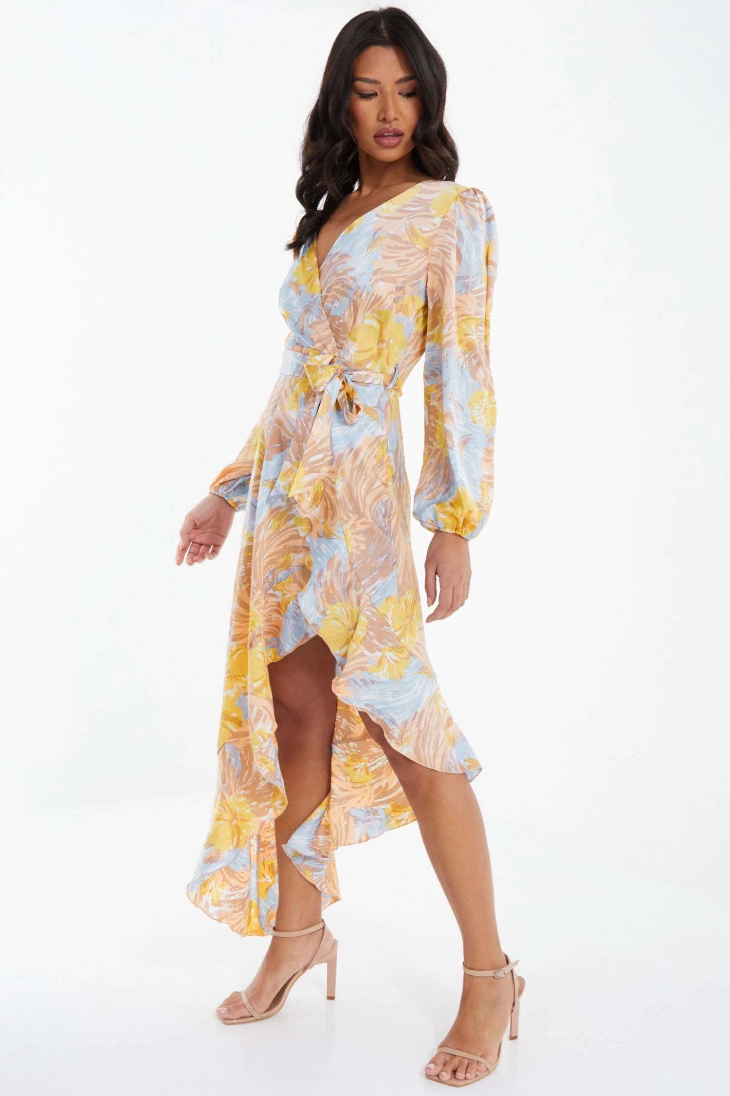 Multicoloured Satin Floral Asymmetric Midi Dress 4 Multicoloured Satin Floral Asymmetric Midi Dress - Image 4
