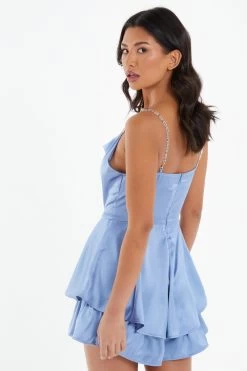 Blue Satin Diamante Frill Playsuit -Women Clothing Sale 00100037355 XB