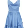 Blue Satin Diamante Frill Playsuit