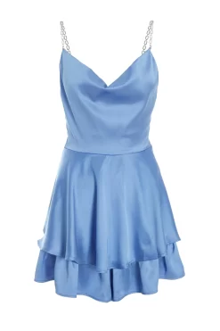 Blue Satin Diamante Frill Playsuit