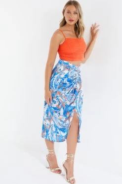 Blue Satin Aztec Print Ruched Midi Skirt -Women Clothing Sale 00100037357 XS