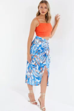 Blue Satin Aztec Print Ruched Midi Skirt -Women Clothing Sale 00100037357 XS scaled