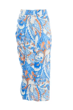 Blue Satin Aztec Print Ruched Midi Skirt -Women Clothing Sale 00100037357 ZB scaled