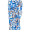 Blue Satin Aztec Print Ruched Midi Skirt