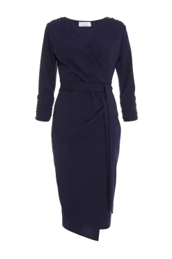 Navy Wrap Tie Midi Dress