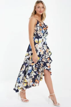 Navy Floral Satin Frill Wrap Midi Dress -Women Clothing Sale 00100037367 XS scaled