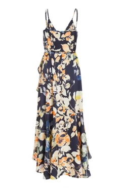 Navy Floral Satin Frill Wrap Midi Dress -Women Clothing Sale 00100037367 ZB scaled