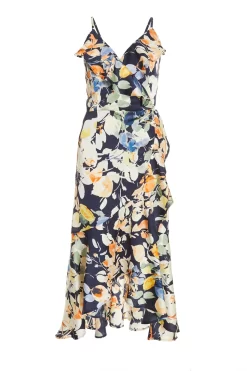 Navy Floral Satin Frill Wrap Midi Dress